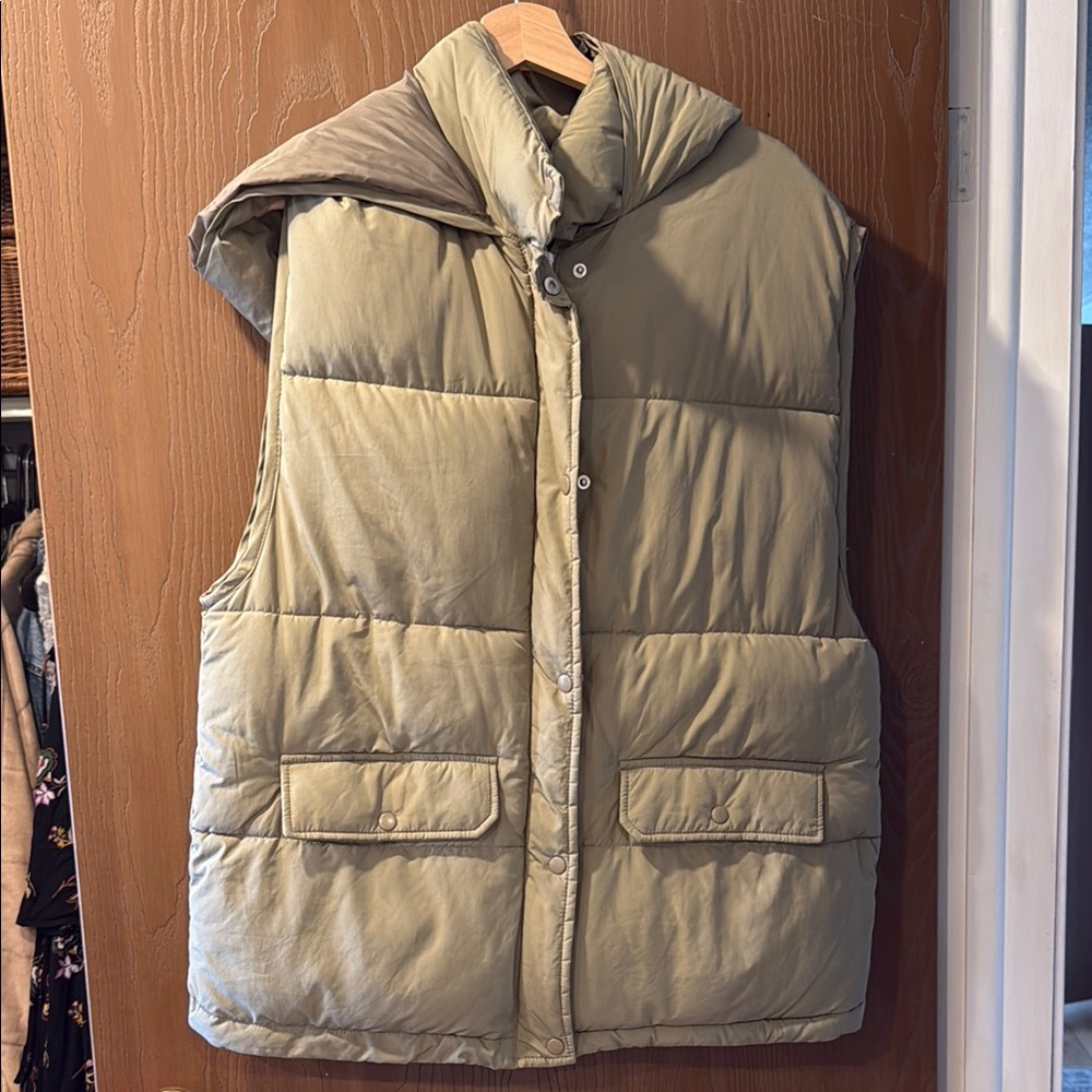 Free People Olive Quilted Hooded Puffer Vest